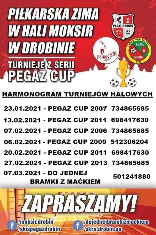 Obrazek przedstawiający  harmonogram turniejów halowych z serii PEGAZ CUP, które odbędą się pomiędzy 23. stycznia, a 7. marca 2021 roku.